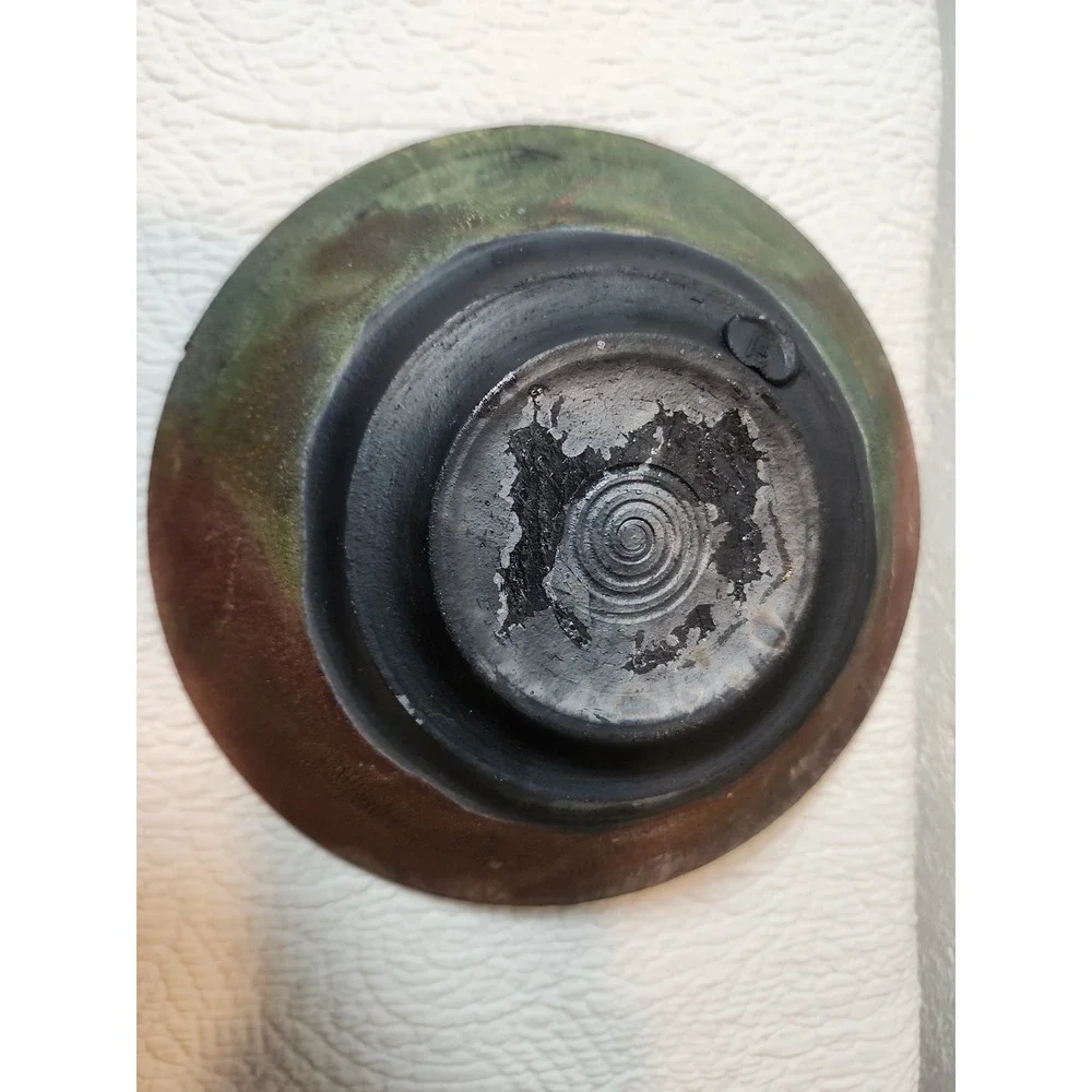 Large Raku Fired Centerpiece Bowl. Copper and Green Hues. Makers Mark. 9